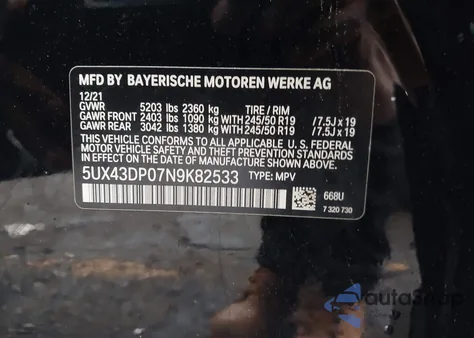2022 BMW X3 Sdrive30I from USA, damaged, VIN 5UX43DP07N9K82533